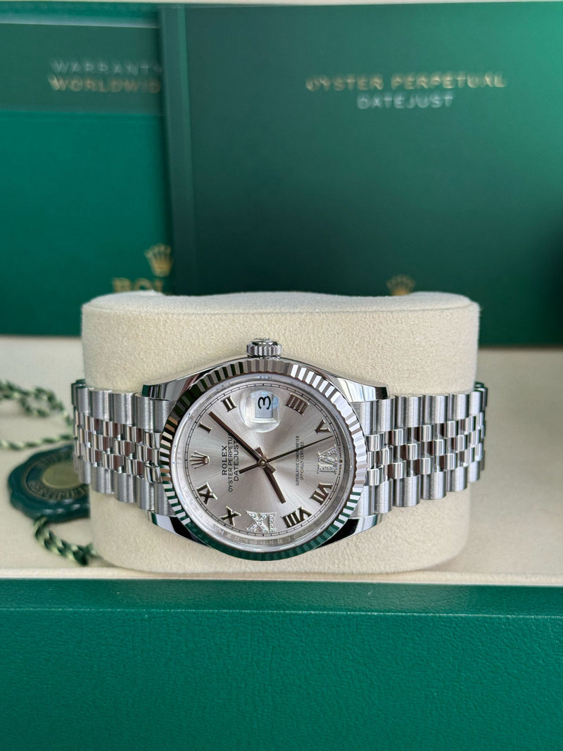 Rolex Datejust 36mm Fluted Bezel Silver Roman Diamond Dial Jubilee - 126234 - New 2025