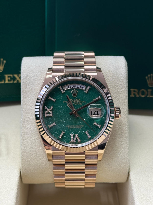 Rolex Day-Date "President" 36mm Everose Green Aventurine Roman Diamond Dial - 128235 - New 2025