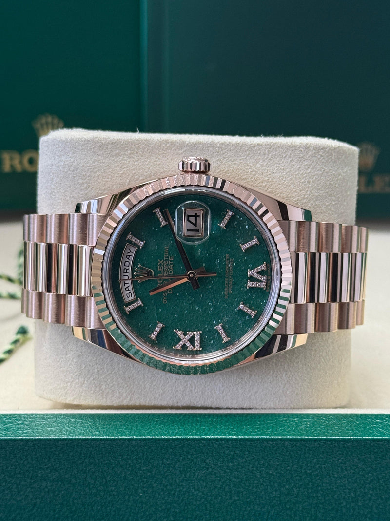 Rolex Day-Date "President" 36mm Everose Green Aventurine Roman Diamond Dial - 128235 - New 2025