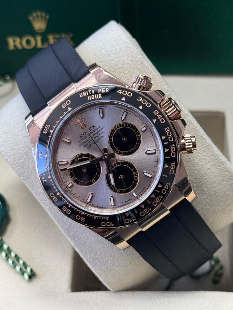 Rolex Cosmograph Daytona 40mm Everose Gold Ceramic Bezel Sundust and Black Index Dial Oysterflex - 126515LN - New 2025