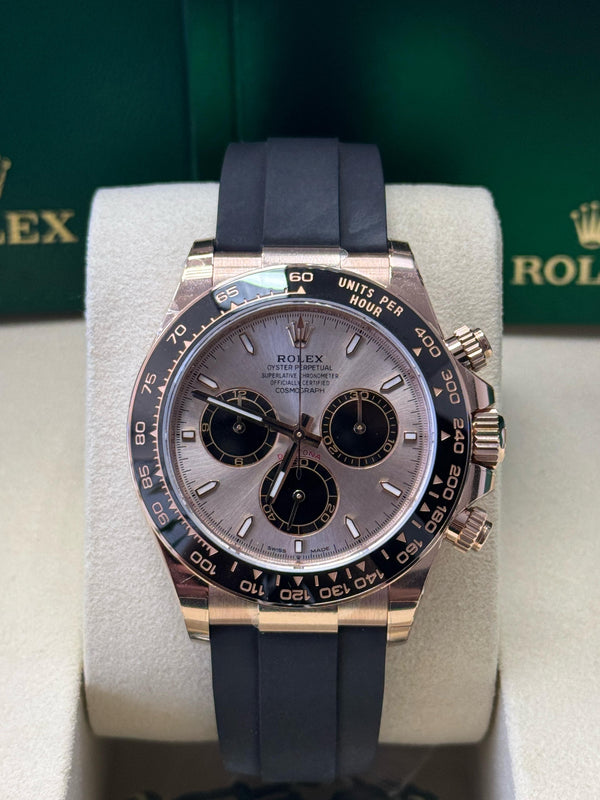 Rolex Cosmograph Daytona 40mm Everose Gold Ceramic Bezel Sundust and Black Index Dial Oysterflex - 126515LN - New 2025