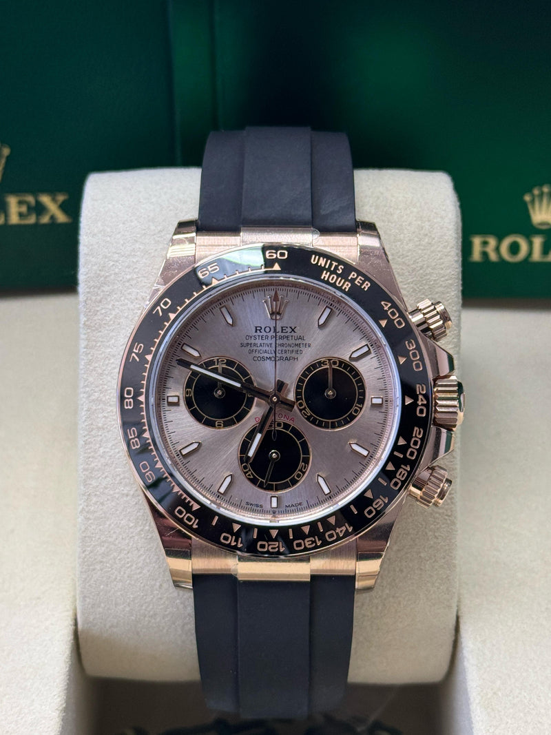 Rolex Cosmograph Daytona 40mm Everose Gold Ceramic Bezel Sundust and Black Index Dial Oysterflex - 126515LN - New 2025
