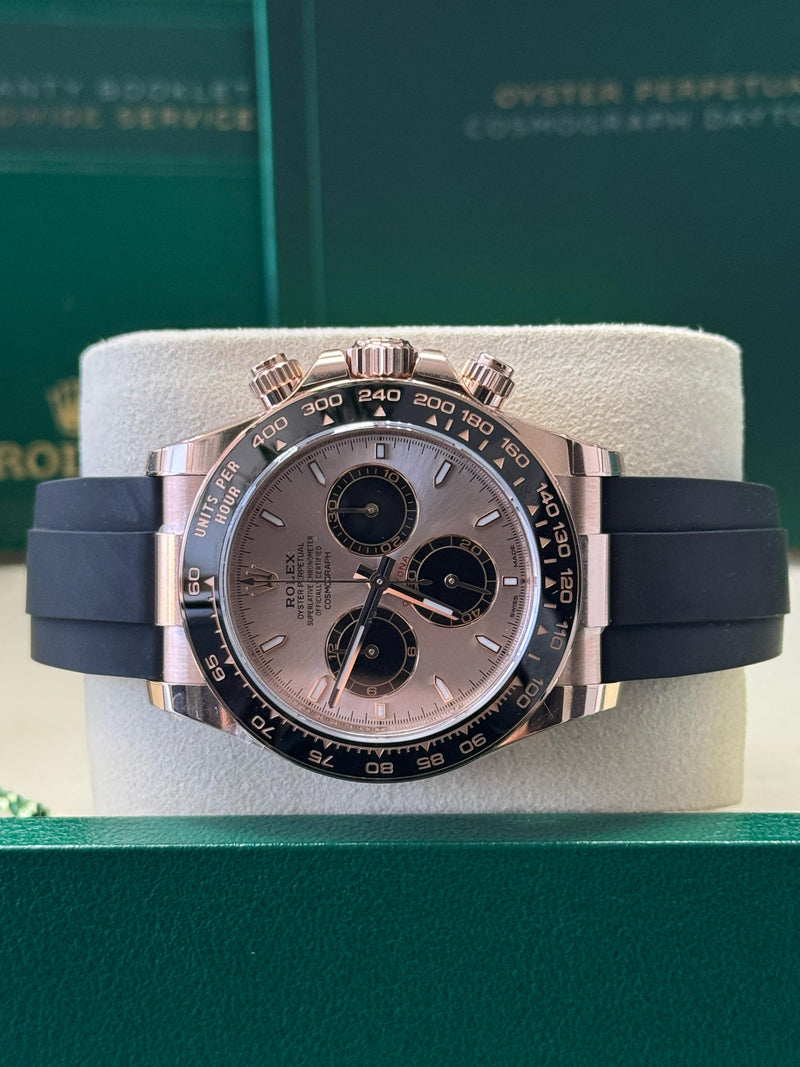 Rolex Cosmograph Daytona 40mm Everose Gold Ceramic Bezel Sundust and Black Index Dial Oysterflex - 126515LN - New 2025