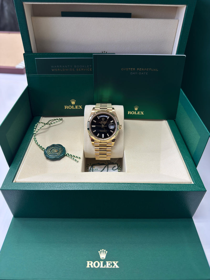 Rolex Yellow Gold President Day Date 40mm Black Diamond Baguette Dial - 228238 - New 2025