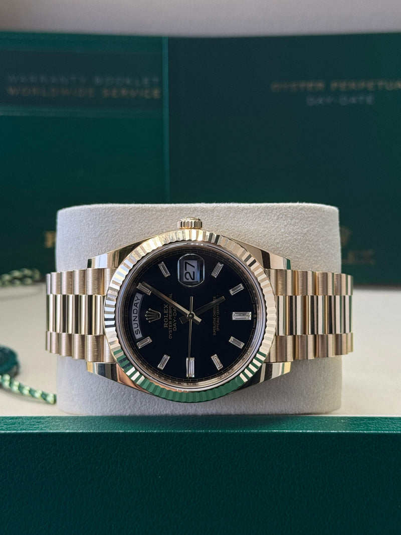Rolex Yellow Gold President Day Date 40mm Black Diamond Baguette Dial - 228238 - New 2025