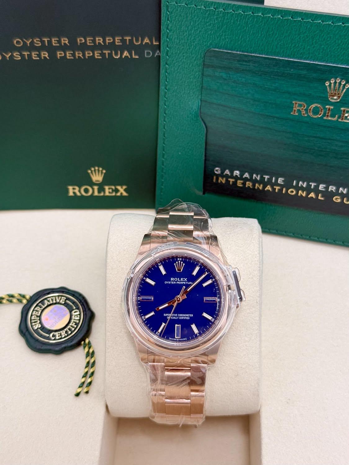 Rolex Oyster Perpetual 34 Everose Gold Blue Stone Dial Oyster Bracelet 124205
