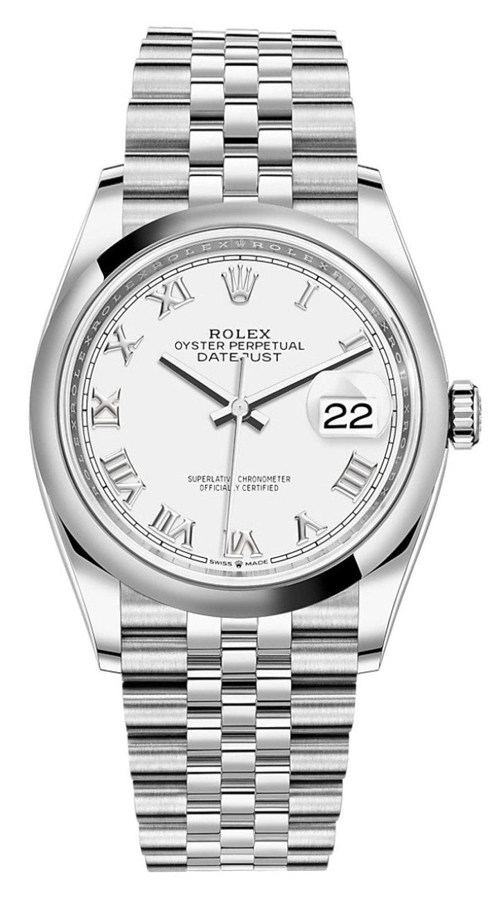 Rolex Datejust 36mm White Roman Dial Smooth Bezel Jubilee Bracelet 126200 – New 2025