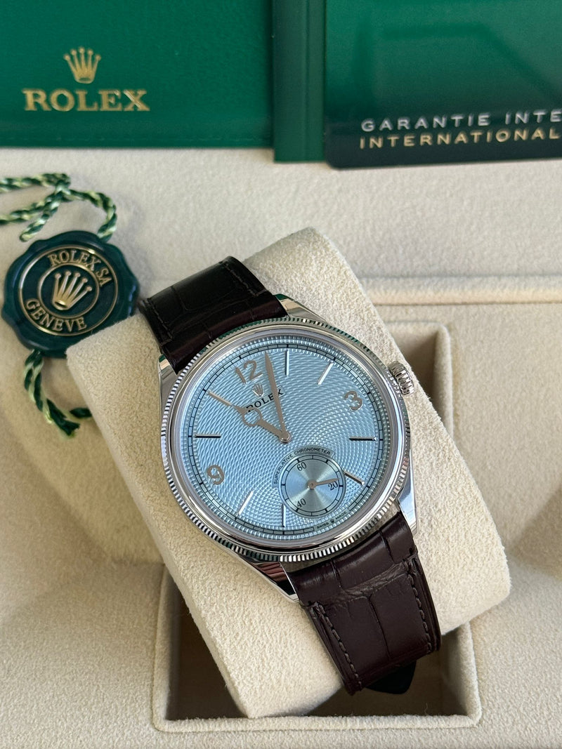 Wrist View of Rolex 1908 Platinum Ice-Blue Dial – 2025