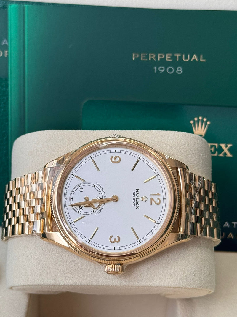 Wrist View of Rolex 1908 Yellow Gold White Dial Settimo Bracelet – 2025