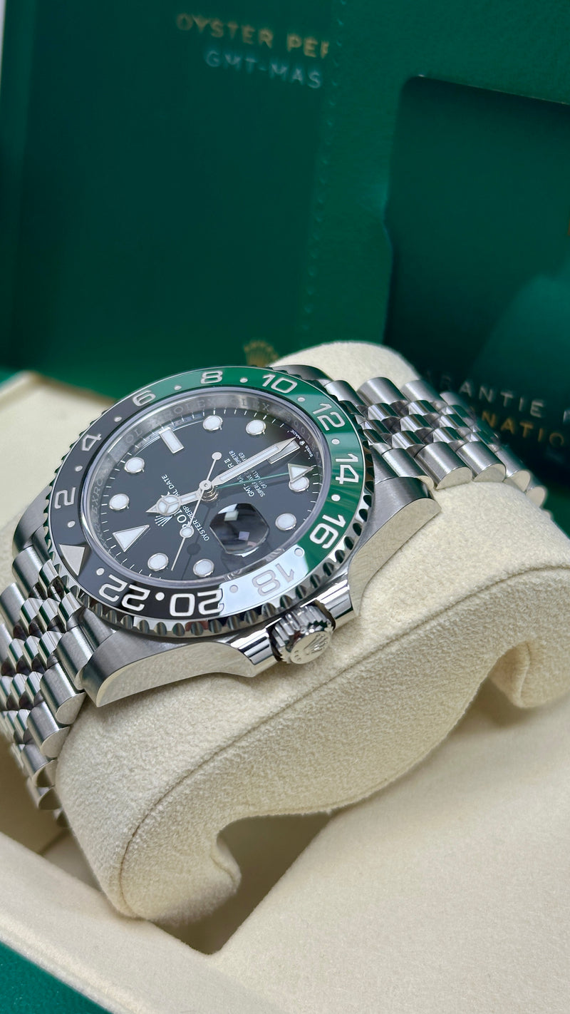 Wrist View of Rolex GMT-Master II “Lefty Sprite” Green/Black Bezel on Jubilee – 126720VTNR
