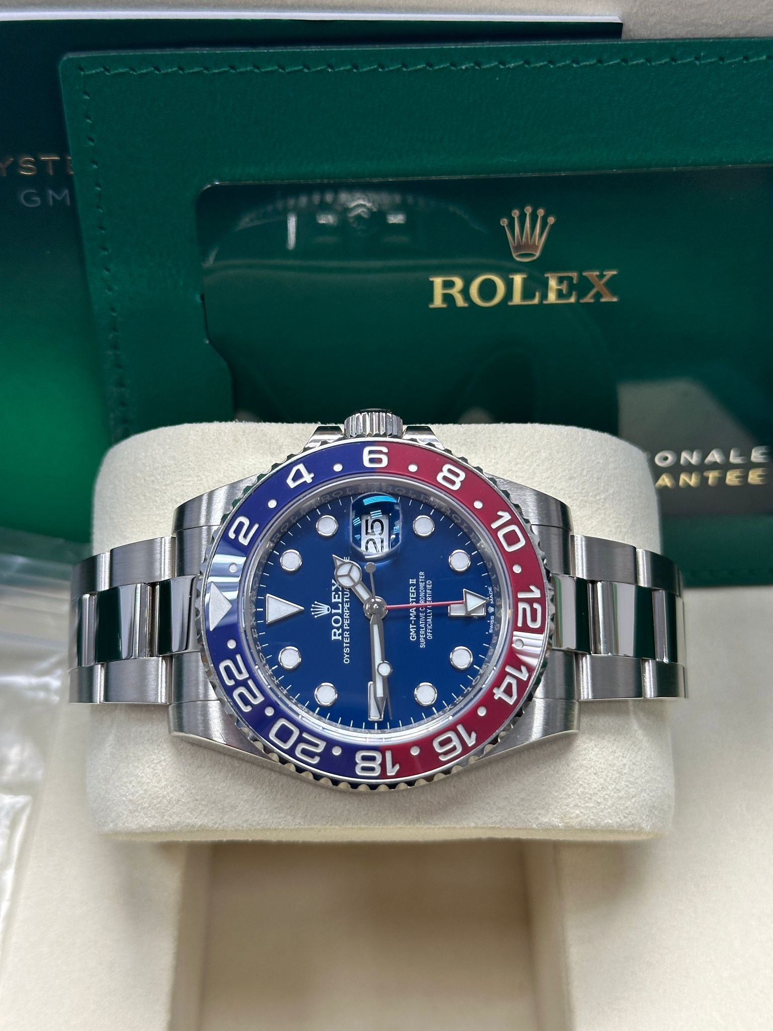 Wrist View of Rolex GMT-Master II White Gold Blue Dial “Pepsi” – 2025
