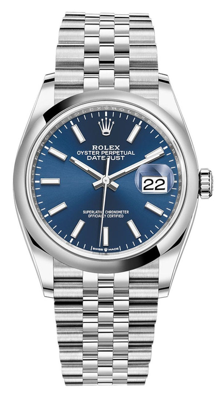 Rolex Datejust 36mm Blue Index Dial Smooth Bezel Jubilee Bracelet 126200 – New 2025