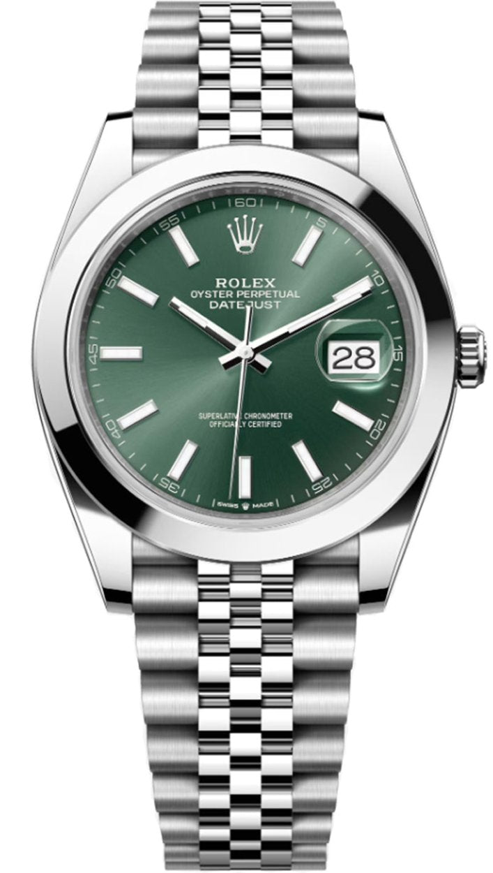 Rolex Datejust 41mm Mint Green Index Dial Smooth Bezel Jubilee Bracelet 126300 – New 2025