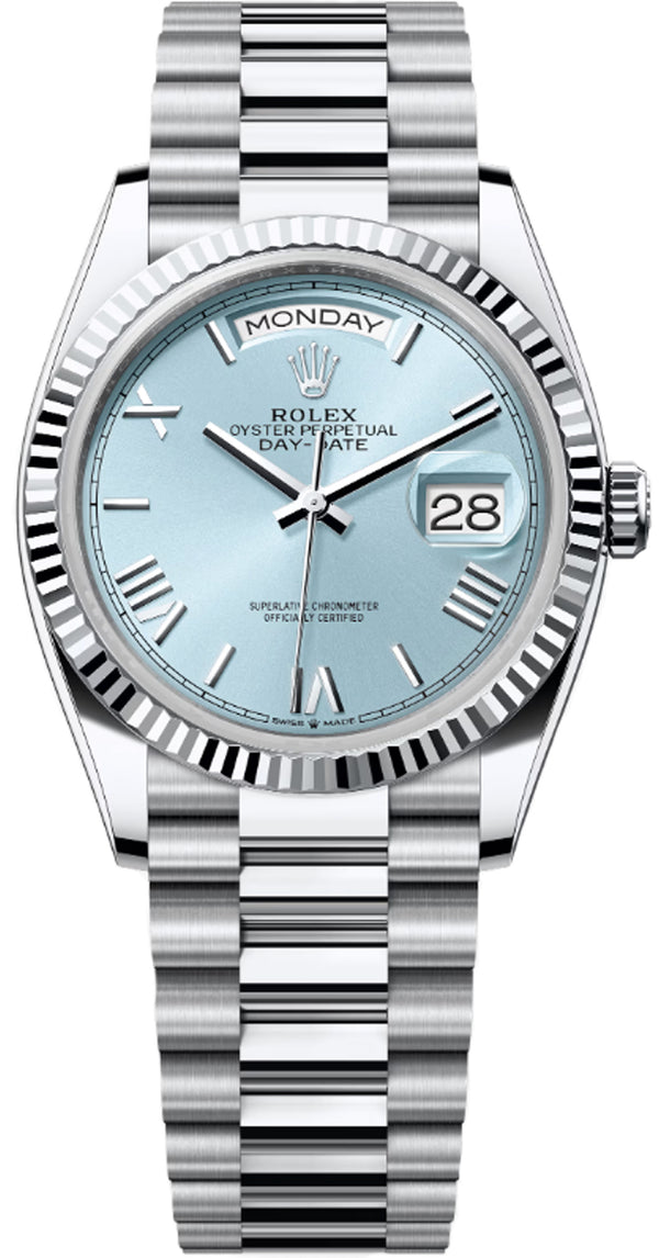 Rolex Day-Date "President" 36mm Platinum Ice Blue Roman Dial - 128236 - Brand New 2024