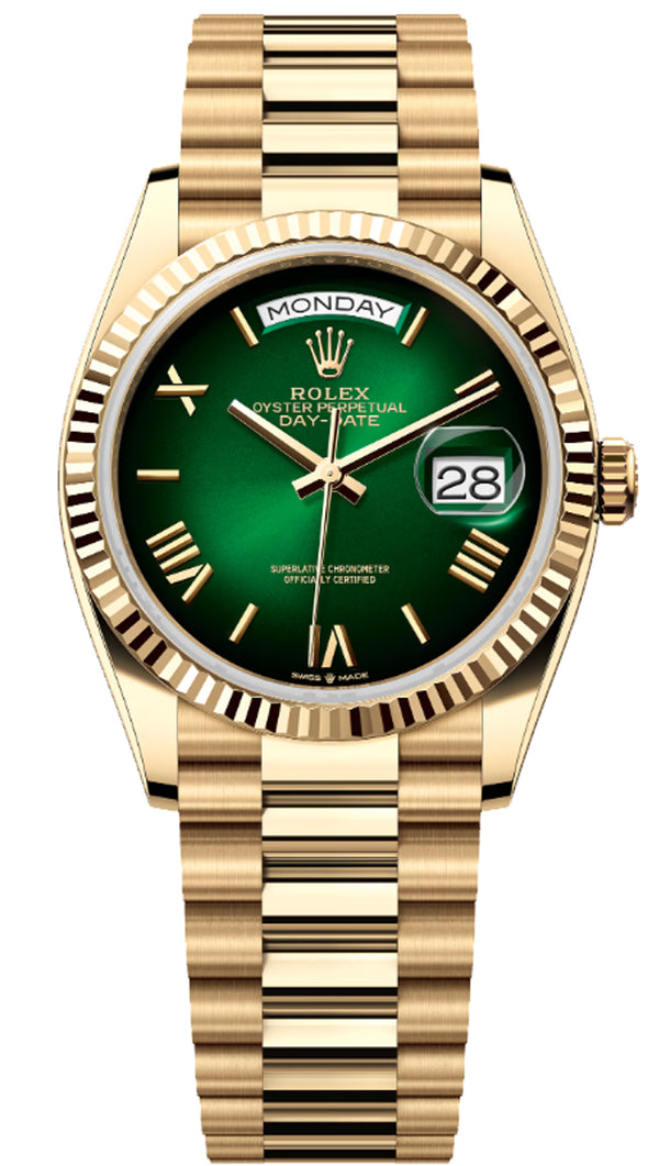 Rolex Day-Date "President" 36mm Yellow Gold Green Ombre Roman Dial - 128238 - Brand New 2024