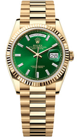 Rolex Day-Date "President" 36mm Yellow Gold Green Diamond Baguette Dial - 128238 - New 2024