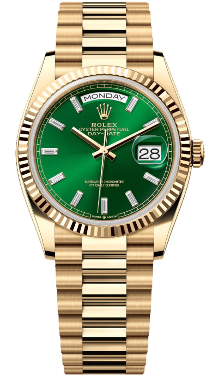 Rolex Day-Date "President" 36mm Yellow Gold Green Diamond Baguette Dial - 128238 - New 2025