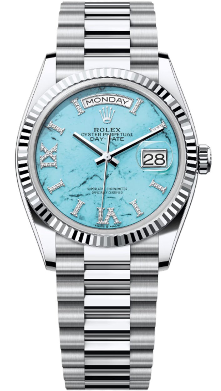 Rolex Day-Date "President" 36mm Platinum Turquoise Roman Diamond Dial - 128236 - Brand New 2024