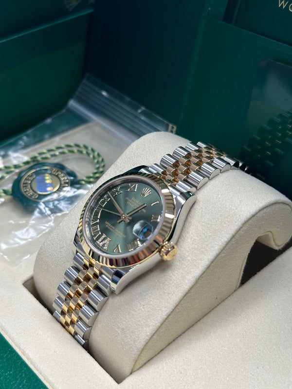 Rolex Datejust 31 Green Roman Diamond Dial Fluted Two-Tone Jubilee - 278273 - New 2025