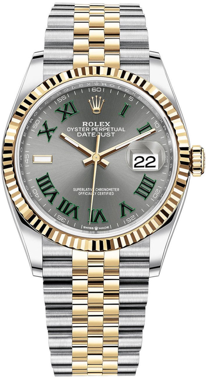 Rolex Datejust 36mm "Wimbledon" Two-Tone Yellow Gold Roman Dial Fluted Bezel Jubilee Bracelet 126233 – New 2025