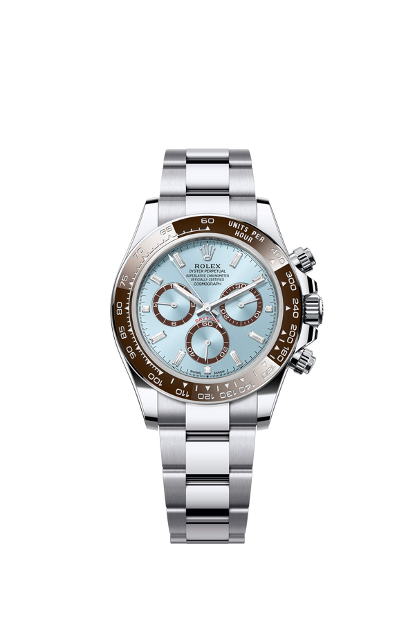 Rolex Cosmograph Daytona 40mm Platinum "Platona" Ceramic Brown Bezel Ice Blue Diamond Baguette Dial - 126506 - New 2024