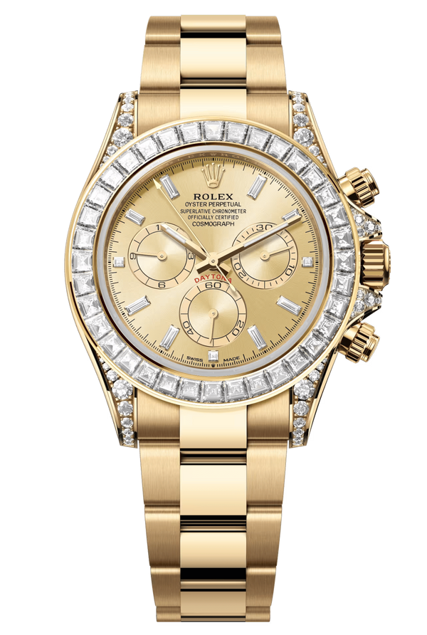 Rolex Cosmograph Daytona 40mm Yellow Gold Diamond Baguette Champagne Dial Diamond Bezel - 126598RBR - New 2025