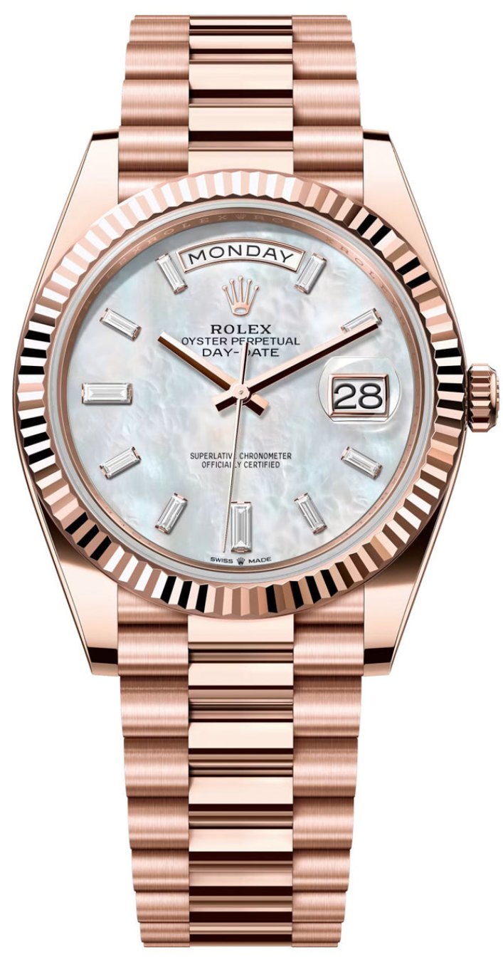 Rolex Day-Date "President" 40mm Everose Gold Mother of Pearl Diamond Baguette Dial - 228235 - Brand New 2024