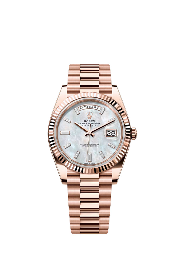 Rolex Day-Date "President" 40mm Everose Gold Mother of Pearl Diamond Baguette Dial - 228235 - Brand New 2024