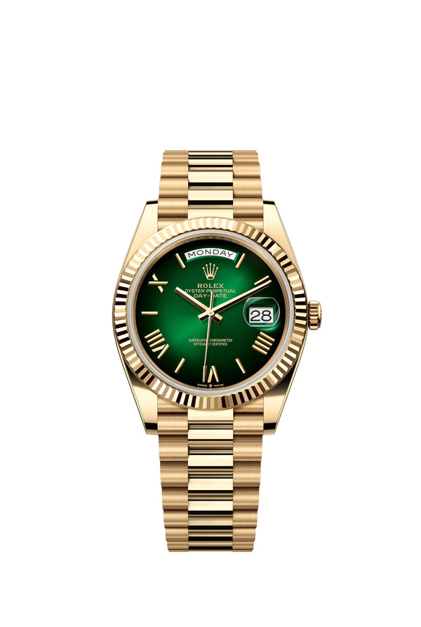 Rolex Yellow Gold President Day Date 40mm Green Roman Ombre Dial - 228238 - New 2024