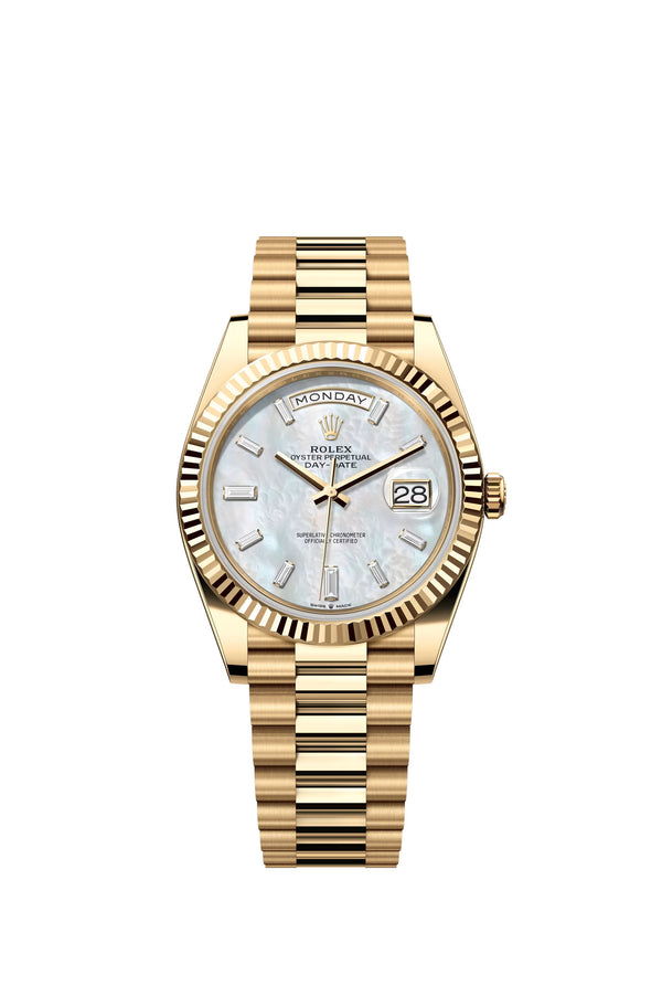 Rolex Yellow Gold President Day Date 40mm Mother of Pearl Diamond Baguette Dial - 228238 - New 2024