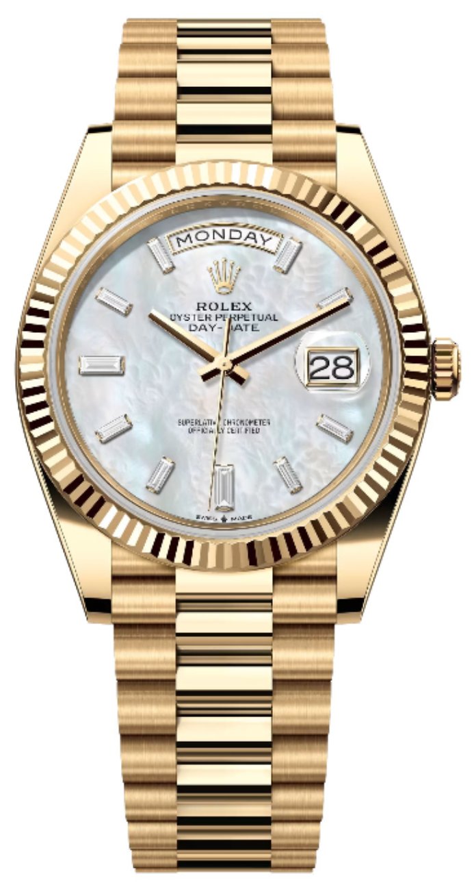 Rolex Yellow Gold President Day Date 40mm Mother of Pearl Diamond Baguette Dial - 228238 - New 2024