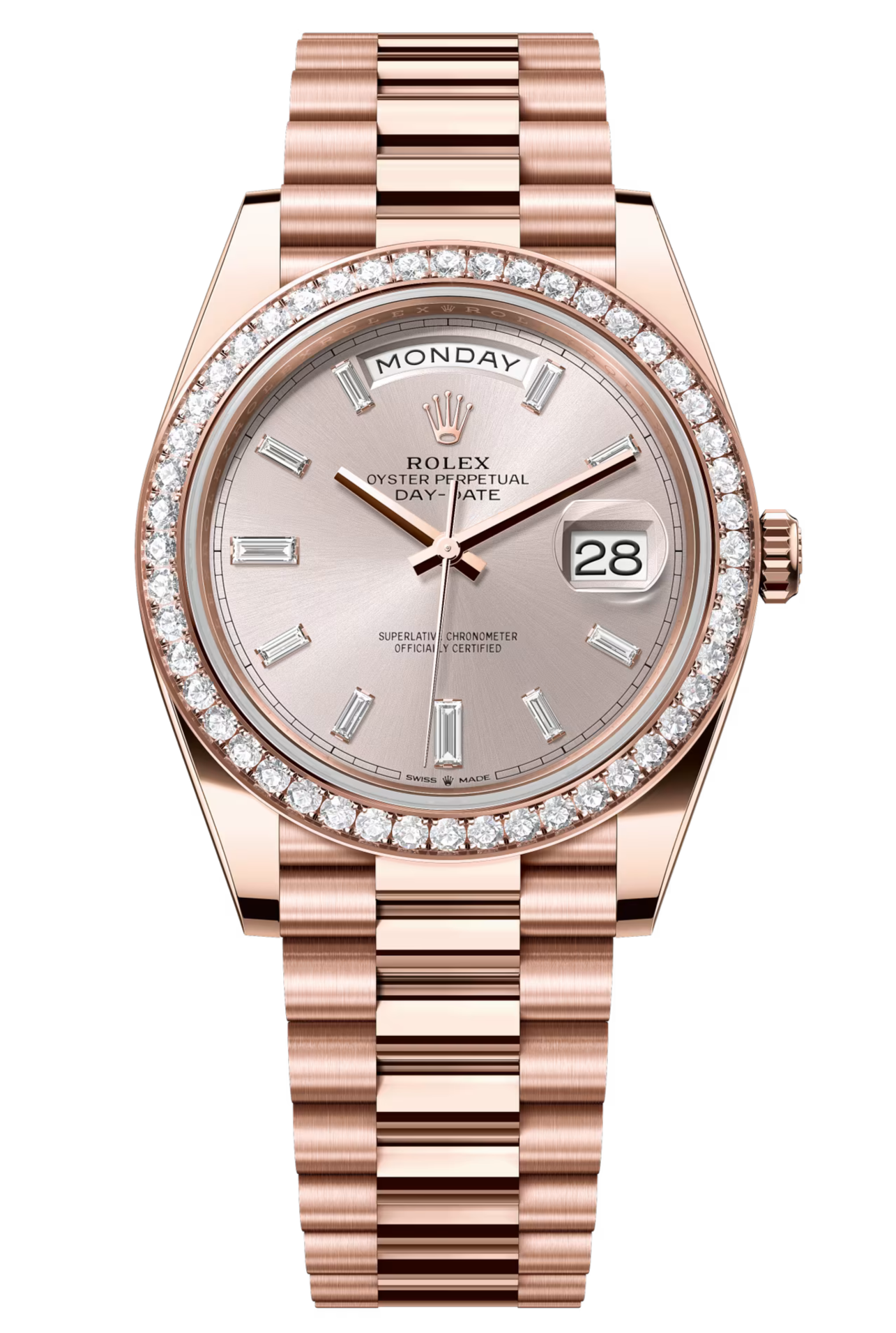 Rolex Day-Date "President" 40mm Everose Gold Sundust Diamond Baguette Dial Diamond Bezel - 228345RBR - New 2025