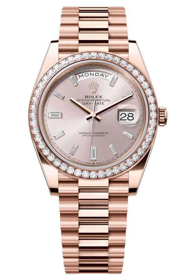Rolex Day-Date "President" 40mm Everose Gold Sundust Diamond Baguette Dial Diamond Bezel - 228345RBR - New 2025