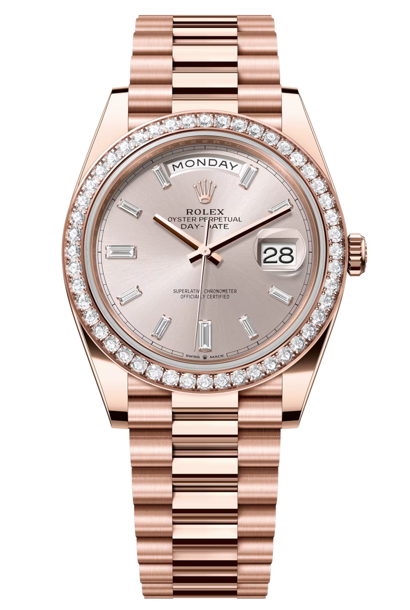 Rolex Day-Date "President" 40mm Everose Gold Sundust Diamond Baguette Dial Diamond Bezel - 228345RBR - New 2025