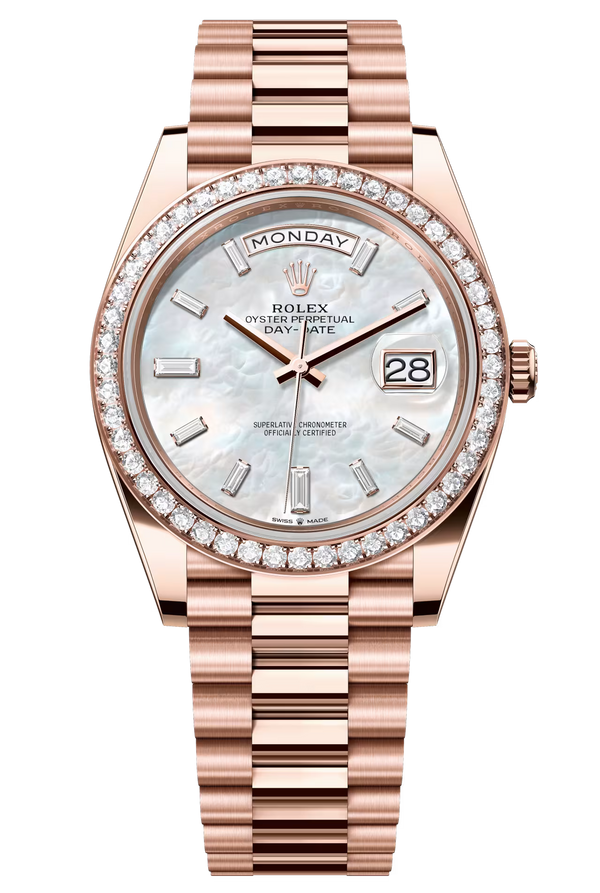Rolex Day-Date "President" 40mm Everose Gold Mother of Pearl Diamond Baguette Dial Diamond Bezel - 228345RBR - New 2025