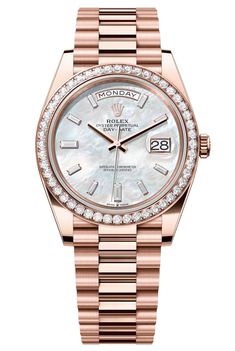 Rolex Day-Date "President" 40mm Everose Gold Mother of Pearl Diamond Baguette Dial Diamond Bezel - 228345RBR - New 2025