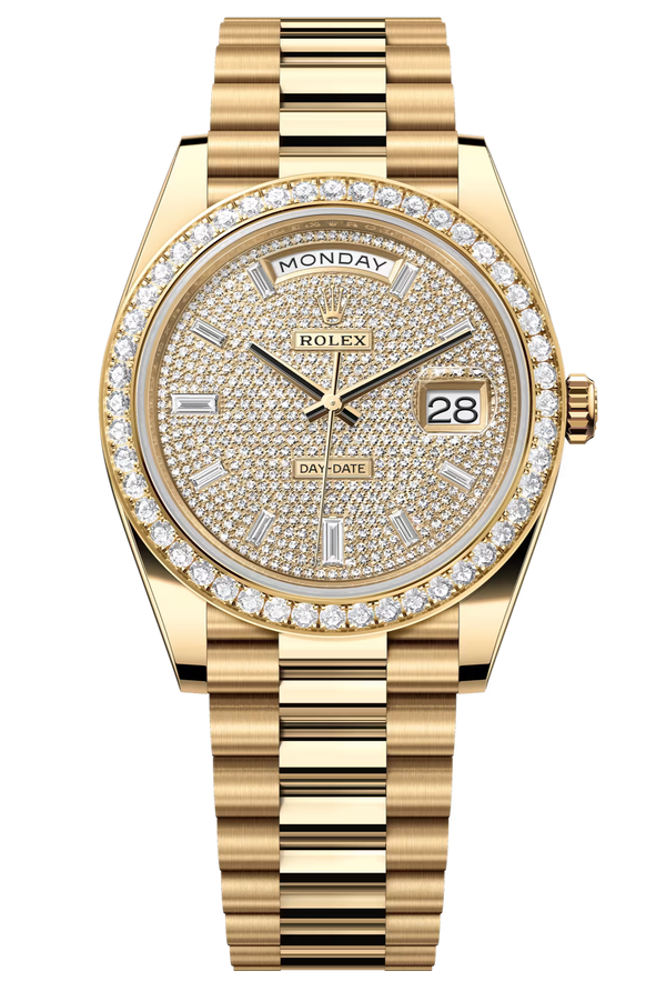 Rolex Day-Date "President" 40mm Yellow Gold Diamond Pave Dial Diamond Bezel - 228348RBR - New 2025
