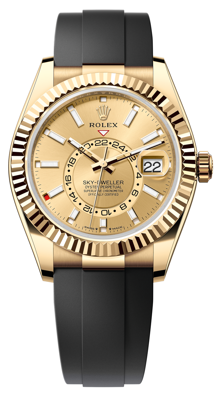 Rolex Sky-Dweller 42mm Yellow Gold Champagne Dial Oysterflex - 336238 - Brand New 2024