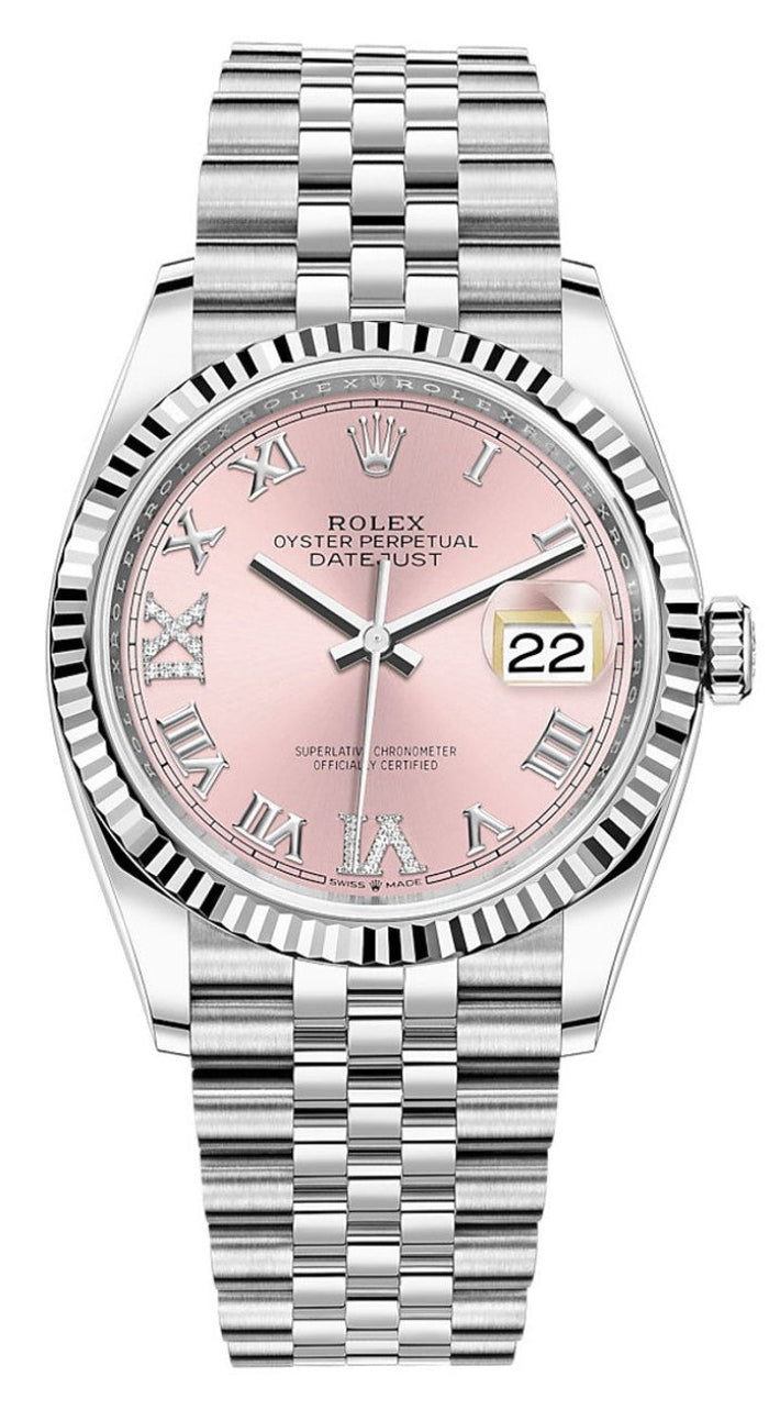 Roma Pink シルバー Rolex Datejust 36mm Fluted Bezel Pink Roman Diamond Dial Jubilee
