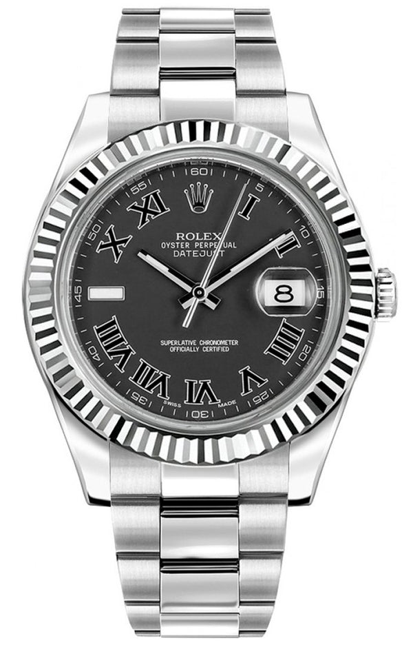 Rolex Datejust 41mm Fluted Bezel Black Roman Dial Oyster - 116334