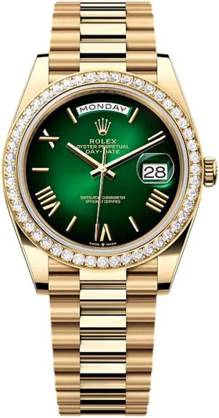 Rolex Day-Date "President" 40mm Yellow Gold Green Ombre Dial Diamond Bezel - 228348rbr - New 2024