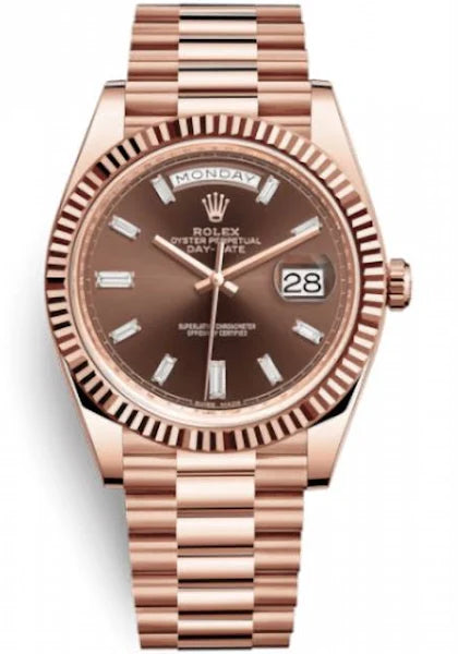 Rolex Day-Date "President" 40mm Everose Gold Chocolate Diamond Baguette Dial - 228235 - Brand New 2023