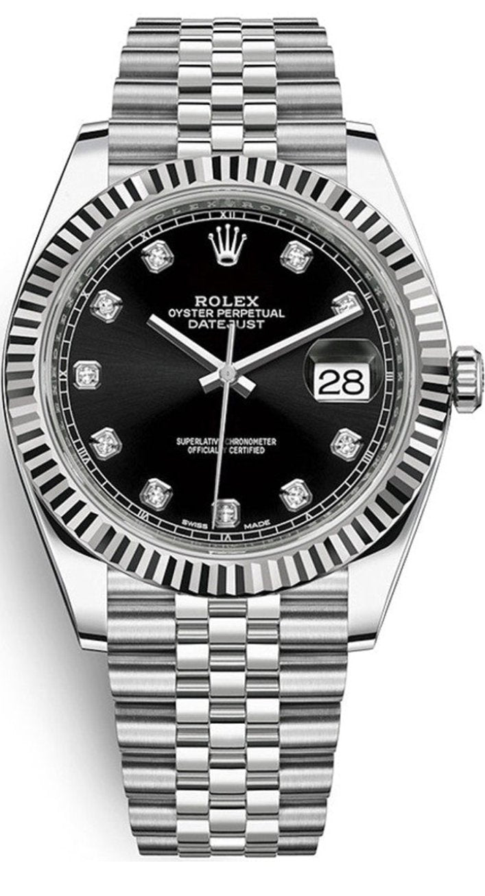 Rolex Datejust 41mm Fluted Bezel Black Diamond Dial Jubilee - 126334 - Brand New 2024