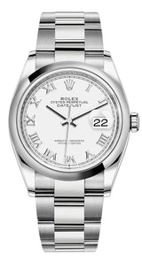 Rolex Oyster Perpetual Datejust Smooth Bezel 36mm 126200 White Roman Dial - New 2023
