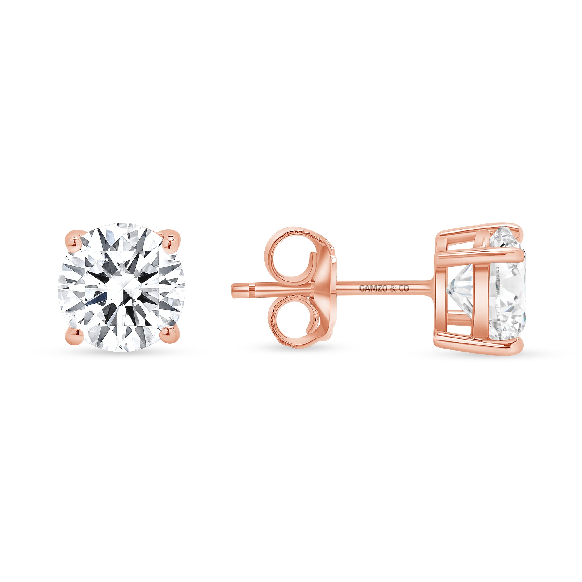 Round Cut Diamond Stud Earrings -  4 Prong Push Back