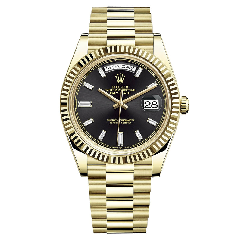 Rolex Yellow Gold President Day Date 40mm Black Diamond Baguette Dial - 228238 - New 2023