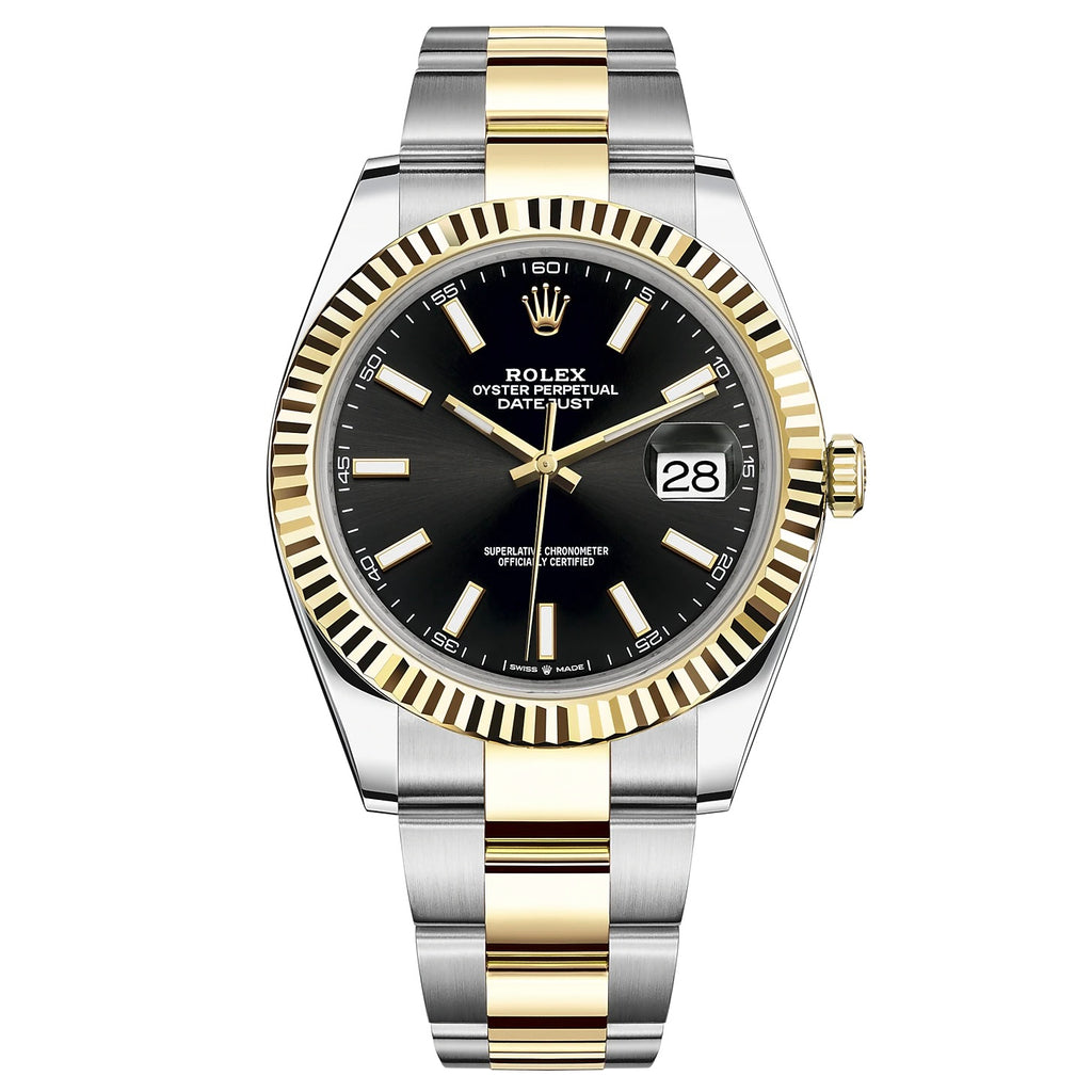 Rolex Datejust 41mm Two-Tone Yellow Gold Fluted Bezel Black Index Dial –  Gamzo & Co