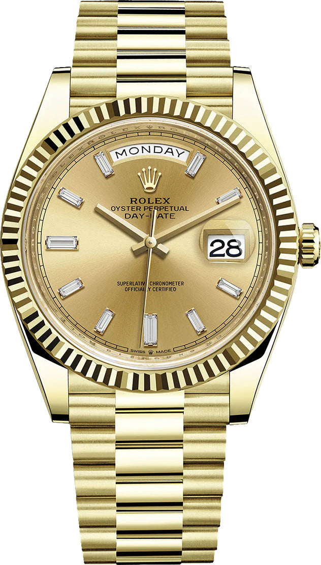 Rolex President Day Date Champagne Yellow Gold Baguette Diamond Dial 40mm - 228238 - New 2023