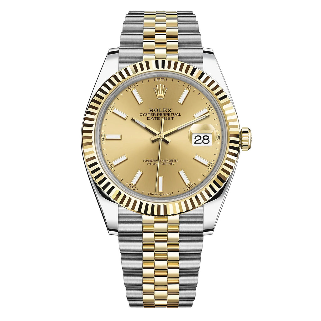 Rolex Datejust 41mm Two-Tone Yellow Gold Fluted Bezel Champagne Index –  Gamzo & Co