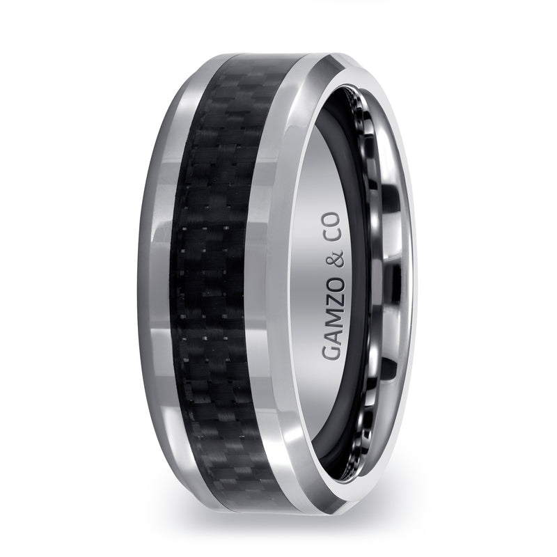 Tungsten  Men's Black Line Patterned Ring